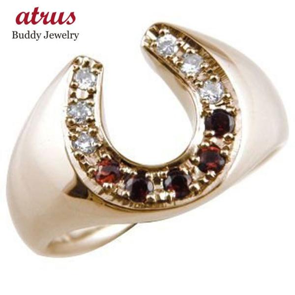 18金 メンズ リング 馬蹄リング ダイヤモンド ガーネット ピンクゴールドk18 ホースシュー 指...