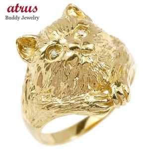 18金 リング シンプル ダイヤモンド 猫 ゴールド 18k イエローゴールドk18 エンゲージリング 幅広 指輪 ピンキーリング ねこ ネコ 送料無料 セール SALE｜atrus