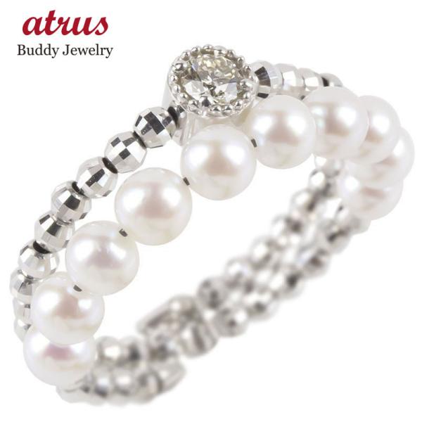 フリーサイズ リング 2連 ダイヤモンド パール 形状記憶 ゴールド 18k ホワイトゴールドk18...