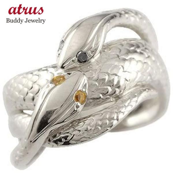 プラチナ リング レディース 蛇 双頭 お守り ブラックダイヤモンド シトリン pt900 ピンキー...