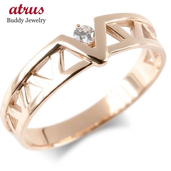 18金 リング メンズ ダイヤモンド 一粒 V 勝利 ダイヤ 指輪 ゴールド 18k ピンクゴールド...