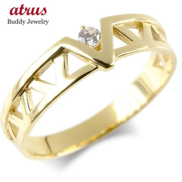ゴールド リング メンズ ダイヤモンド 一粒 V 勝利 ダイヤ 指輪 10k イエローゴールドk10...