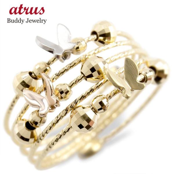 18金 ゴールド プラチナ リング フリーサイズ 5連 形状記憶 蝶々 イエローゴールド ピンクゴー...