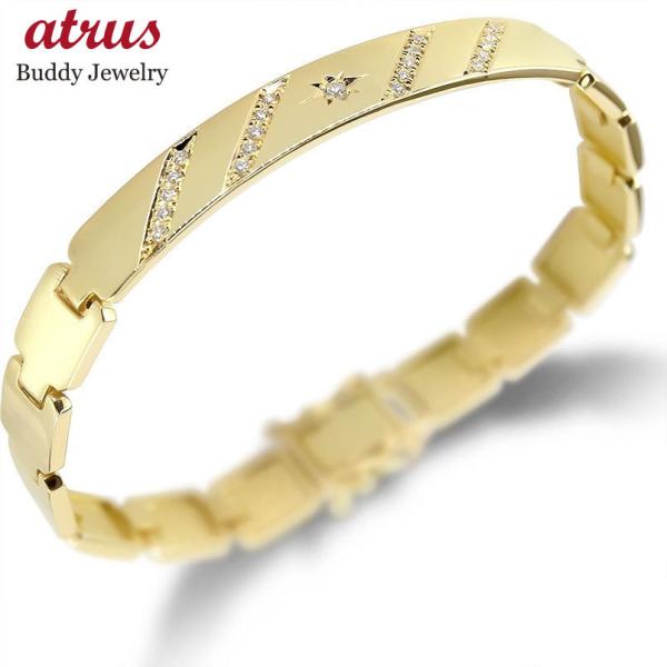 18金 ブレスレット メンズ ダイヤモンド 中折式金具 ダブルストッパー付 幅広 イエローゴールドk...