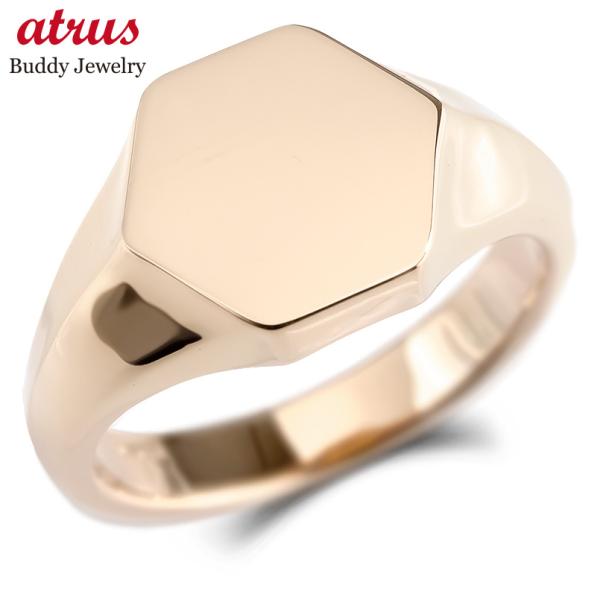 18金 リング メンズ 印台 指輪 シグネットリング ピンクゴールドk18 地金 六角形 ピンキーリ...