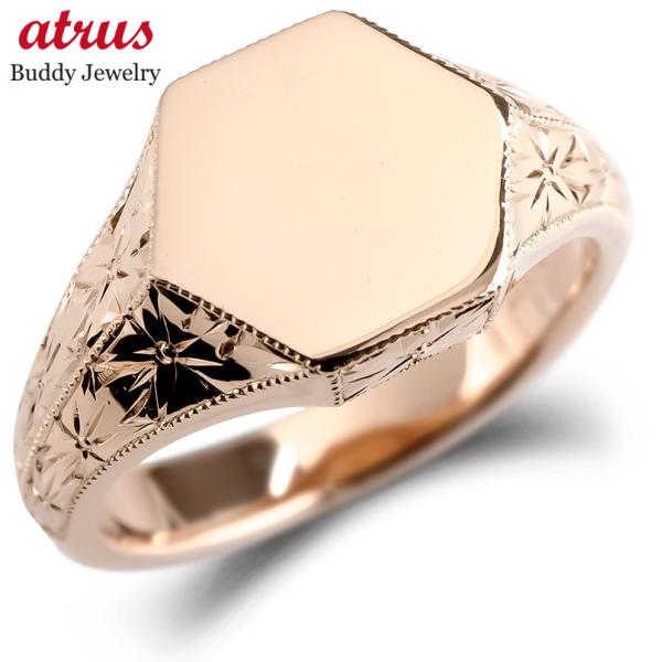 ゴールド リング メンズ 印台 指輪 シグネットリング ピンクゴールドk10 地金 六角形 ミル打ち...