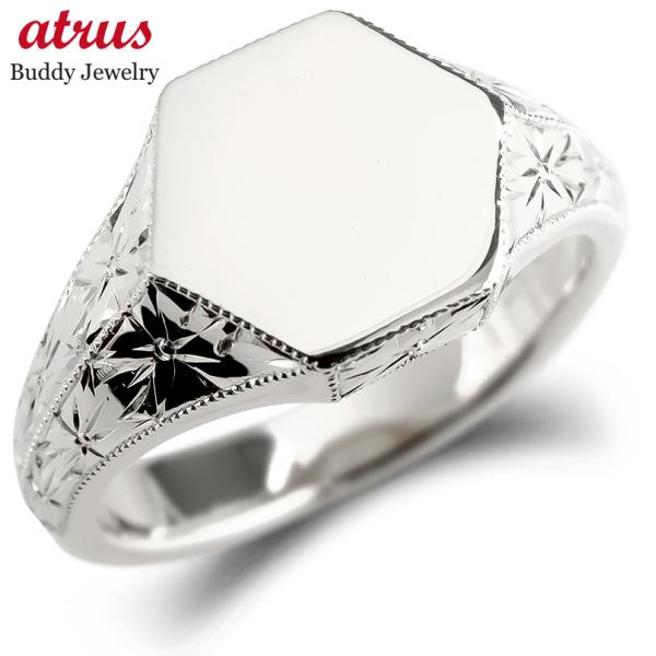 プラチナ リング メンズ 印台 指輪 シグネットリング pt900 地金 六角形 ミル打ち 桜 彫り...