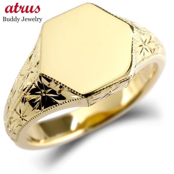 ゴールド リング メンズ 印台 指輪 シグネットリング イエローゴールドk10 地金 六角形 ミル打...