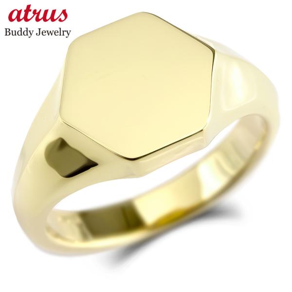 18金 リング メンズ 印台 指輪 シグネットリング イエローゴールドk18 地金 六角形 ピンキー...