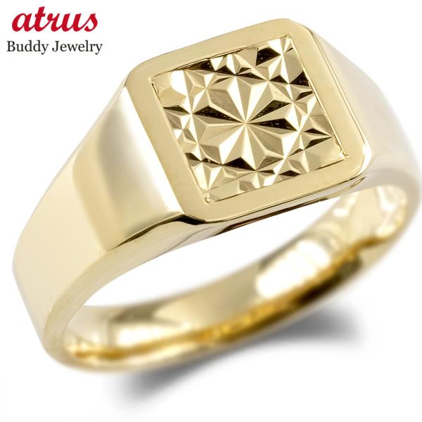 18金 リング メンズ 印台 指輪 シグネットリング ゴールド イエローゴールドk18 地金 カット...