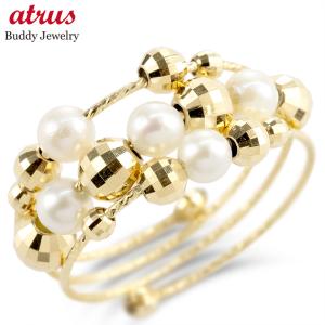 K18YG 3連パール フリーリング 送料無料 形状記憶 スパイラル パール