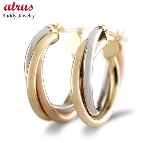 18金 フープピアス レディース 大ぶり ゴールド 18k 3色 イエローゴールド ピンクゴールド ...