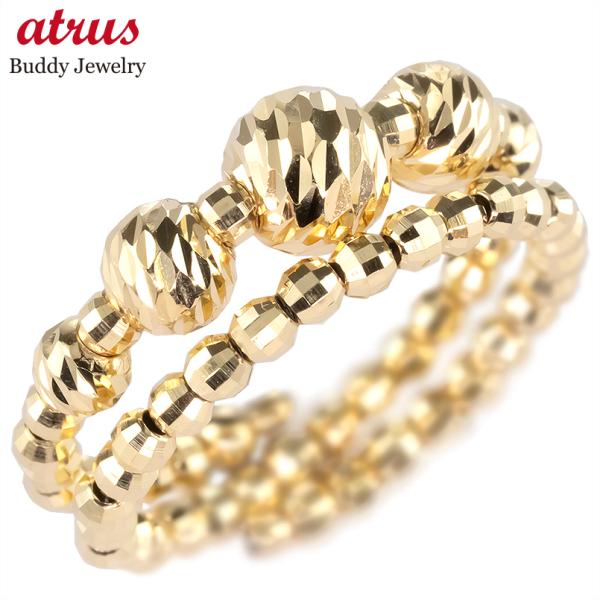 18金 フリーサイズ リング 2連 形状記憶 ミラーボール レディース ゴールド 18k イエローゴ...