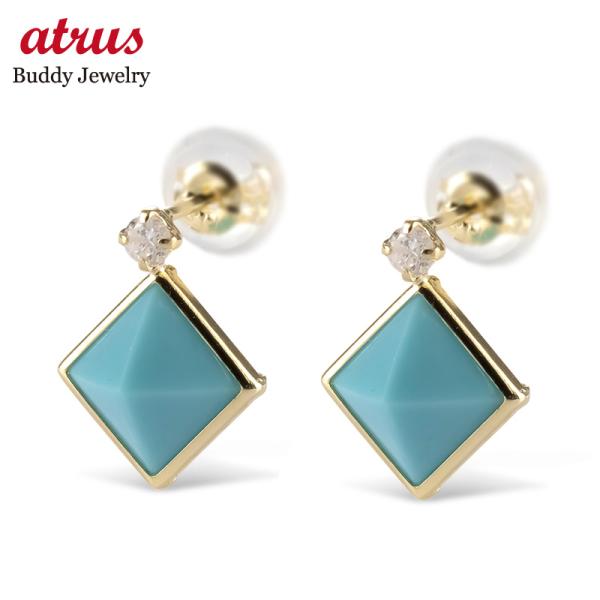 18金 ピアス ペア レディース ターコイズ トルコ ダイヤモンド 12月誕生石 四角 ひし形 シン...
