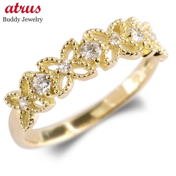 18金 リング レディース 5号 ダイヤモンド 0.12ct ゴールド 18k 花 フラワー ミル打...