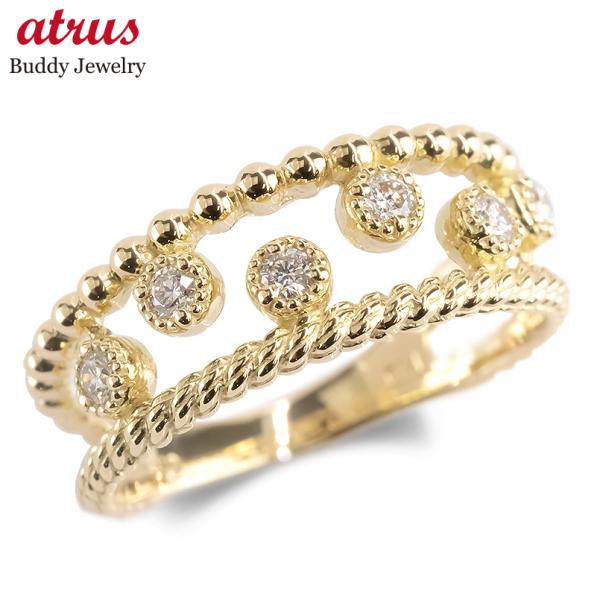 18金 リング レディース 5号 ダイヤモンド 0.11ct 縄目 ゴールド 18k ピンキーリング...