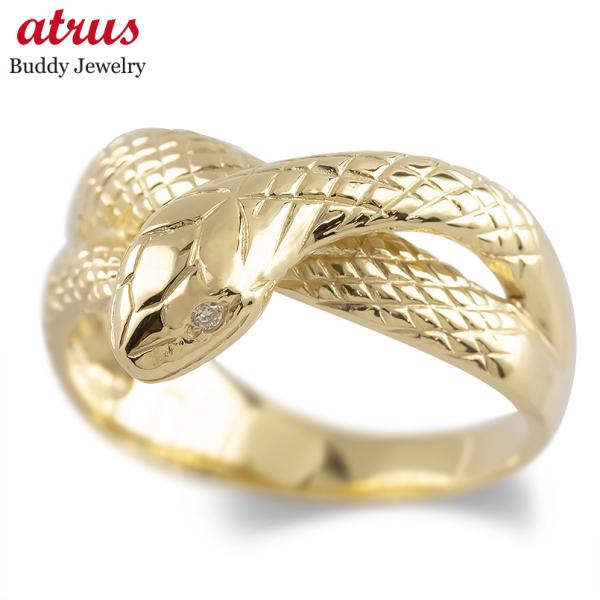 18金 リング 蛇 ダイヤモンド メンズ お守り 福蛇 太め 幅広 ゴールド 18k 指輪 へび ヘ...