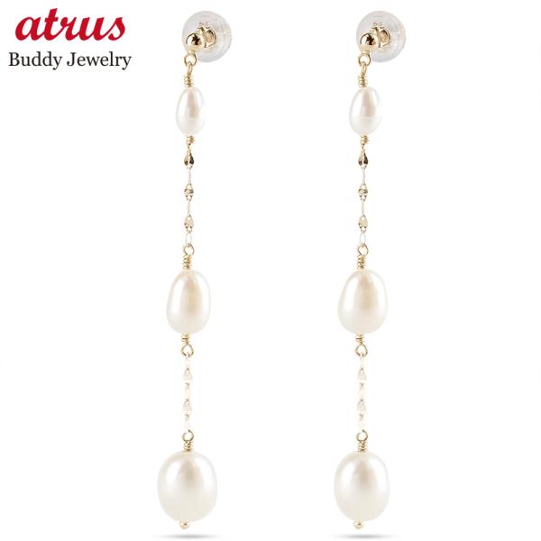 ゴールド ロングピアス ペア パール 真珠 レディース 揺れる ゆれる 淡水パール 10k 10金 ...