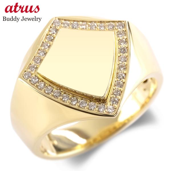 18金 印台 リング ダイヤモンド 0.25ct メンズ ゴールド 18k 幅広 太め 大きめ シグ...