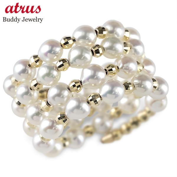 ゴールド リング 淡水 パール 真珠 フリーサイズ レディース 形状記憶 簡単着脱 幅広 太め 10...