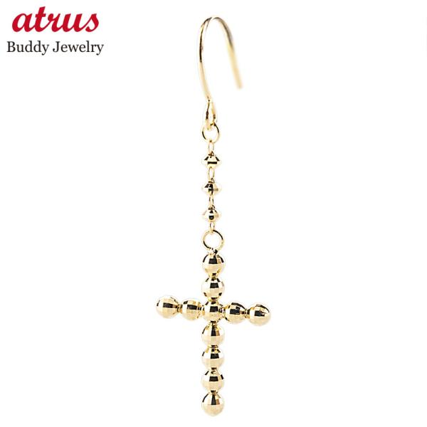 18金 ピアス クロス 片耳 フック レディース 揺れる ゆれる ミラーボール ゴールド 18k イ...