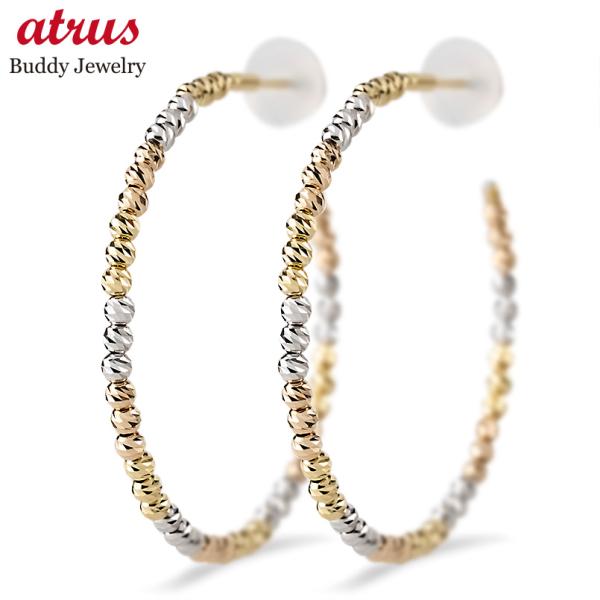 18金 フープピアス ミラーボール 大ぶり レディース 形状記憶 ゴールド 18k イエロー ピンク...