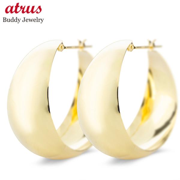 18金 フープピアス レディース 大ぶり 月甲 幅広 ゴールド 18k イエローゴールドk18 シン...