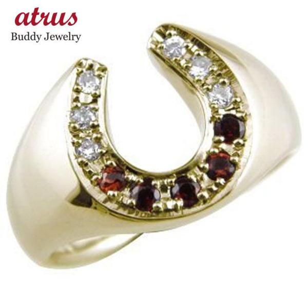 メンズリング 人気 馬蹄リング ダイヤモンド ガーネット イエローゴールドk18 ホースシュー 指輪...