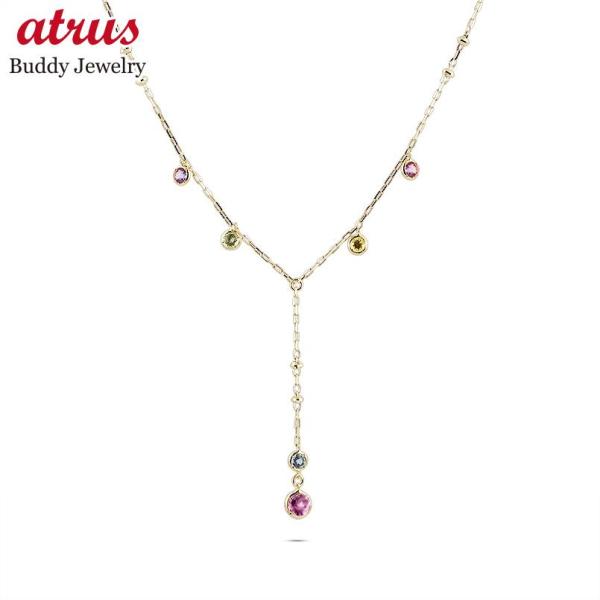 ゴールド ネックレス  Y字 天然石 6石 レディース 10金 イエローゴールドk10 10k アズ...