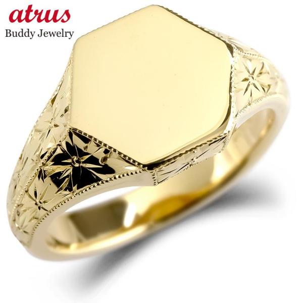 ゴールド リング メンズ 印台 指輪 シグネットリング イエローゴールドk10 地金 六角形 ミル打...