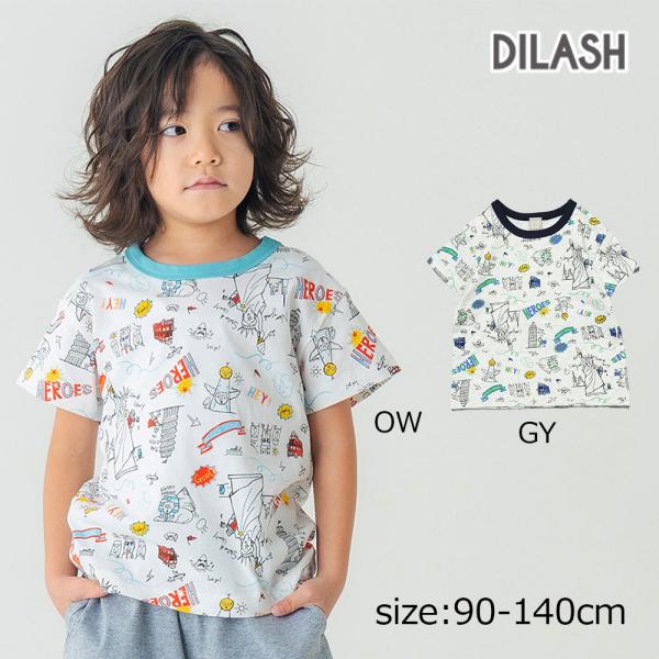 ディラッシュ DILASH 【お揃い可◎・綿100%】世界を旅する！手書き風イラスト総柄Tシャツ (...