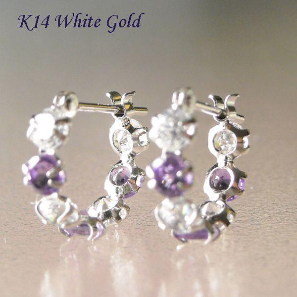 ピアス アメジスト フープ 14金ホワイトゴールド 2月誕生石 4月誕生石 キュービックジルコニア ...