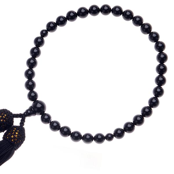 天然ジェット数珠 8mm 念珠 共仕立 黒 本絹頭房 ブラック 女性用 片手略式 京念珠