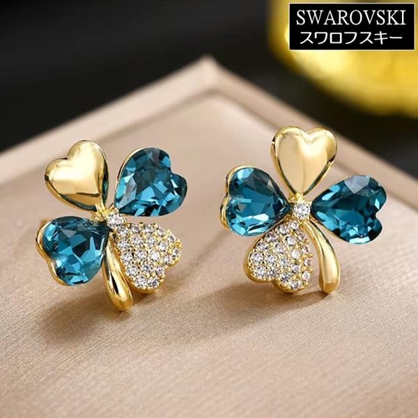 クーポンで15％OFF ピアス レディース スワロフスキー クローバー ブルー 青 ゴールドメッキ ...