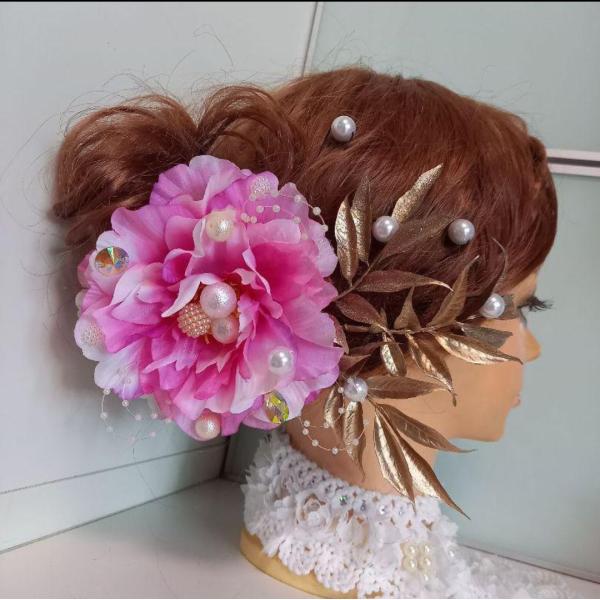 ピンクの牡丹の髪飾り 成人式 結婚式 和装 着物 ヘアアクセサリー