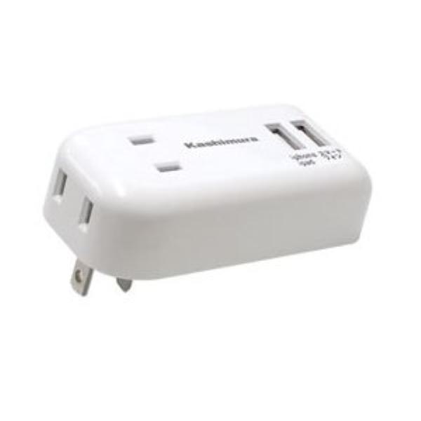 カシムラ AC充電器 2.1A USB2ポート 2コンセント WH 電源タップ付 100〜240V対...