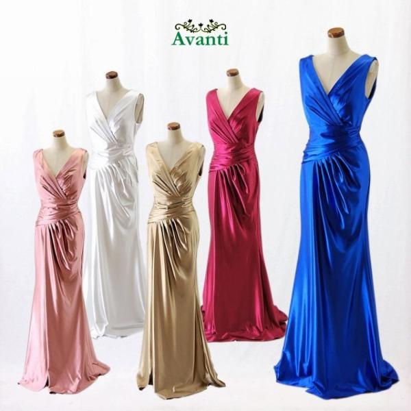 ロングドレス 演奏会 結婚式 パーティー ストレッチ サテン 演奏会用  青 ゴールド ピンク M ...