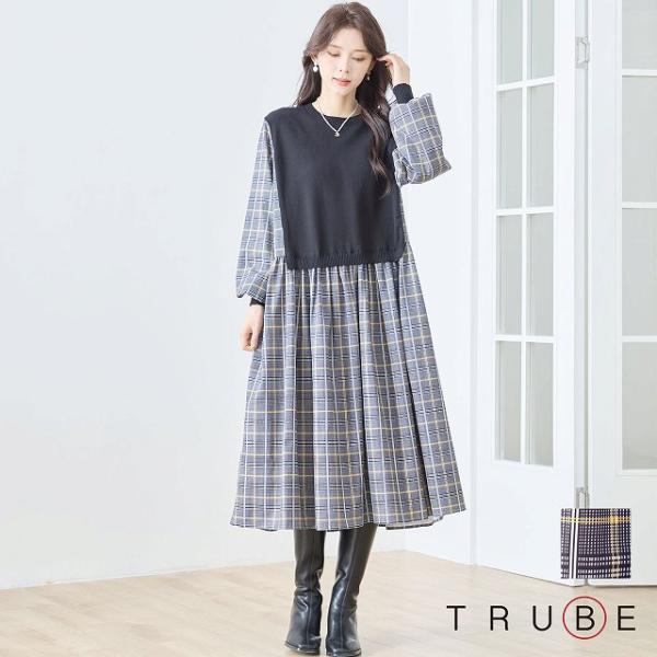 ワンピース 長袖 レディース チュニック 異素材切替  ミモレ丈 レイヤード 婦人服 夏 秋 M L...