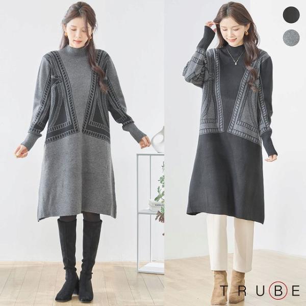 ワンピース 長袖 ニットワンピース 大人可愛い 膝丈チュニック レディース 婦人服 パネル柄 秋 M...