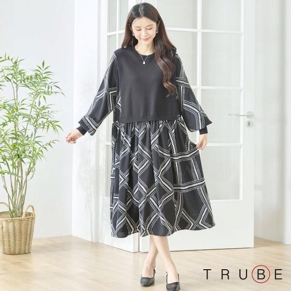 ワンピース 長袖 レディース チュニック 大きいサイズ 異素材切替 フレアー ミモレ レイヤード 婦...