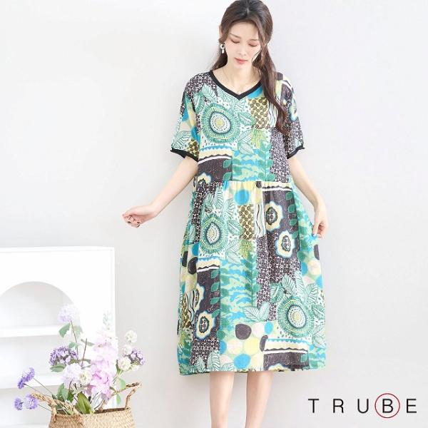 TRUBE ワンピース 半袖 30代 40代 50代 60代 モダンパッチワーク Vネック 綿100...