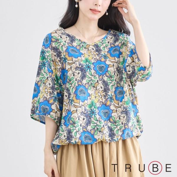 ブラウス チュニック トップス 半袖 五分袖 綿 コットン Vネック シャツ 婦人服 春 夏 M L...