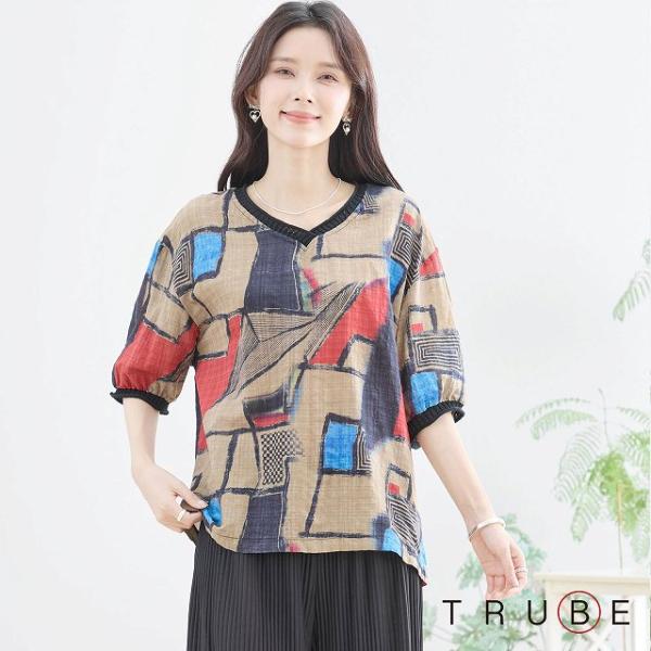 ブラウス チュニック トップス 半袖五分袖 綿100％ Vネックシャツ 婦人服 春 夏 M L 普段...