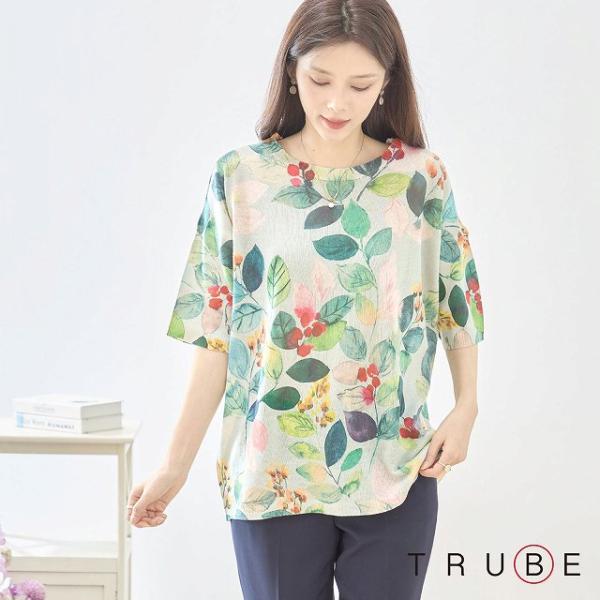 TRUBE プリント サマーニット トップス カットソー ブラウス 五分袖 婦人服 レディース 春 ...
