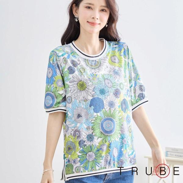 TRUBE プリント サマーニット トップス カットソー ブラウス チュニック 五分袖 婦人服 レデ...