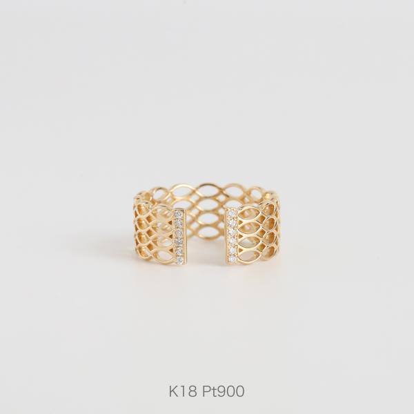 ダイヤモンド 透かし オープンリング レディース 指輪 イエローゴールド k18 Pt900 幅広 ...