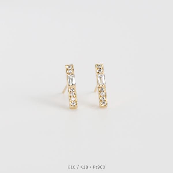 バゲットカット ダイヤモンド バー ピアス ライン K10 K18 Pt900 ゴールド プラチナ ...