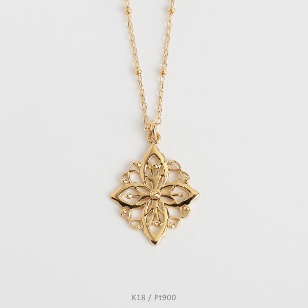 透かし柄 ロングネックレス レディース ゴールド レース アラベスク 18k 18金 K18 Pt9...