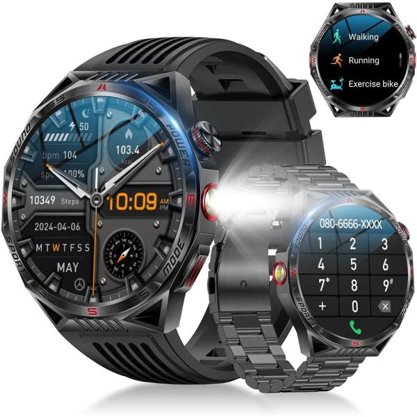 スマートウォッチ Bluetooth通話 軍用規格 耐衝撃 1.85インチ超大画面 2本バンド付き ...