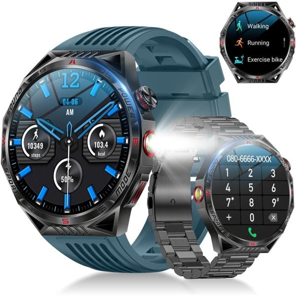 スマートウォッチ Bluetooth通話 軍用規格 耐衝撃 1.85インチ超大画面 2本バンド付き ...